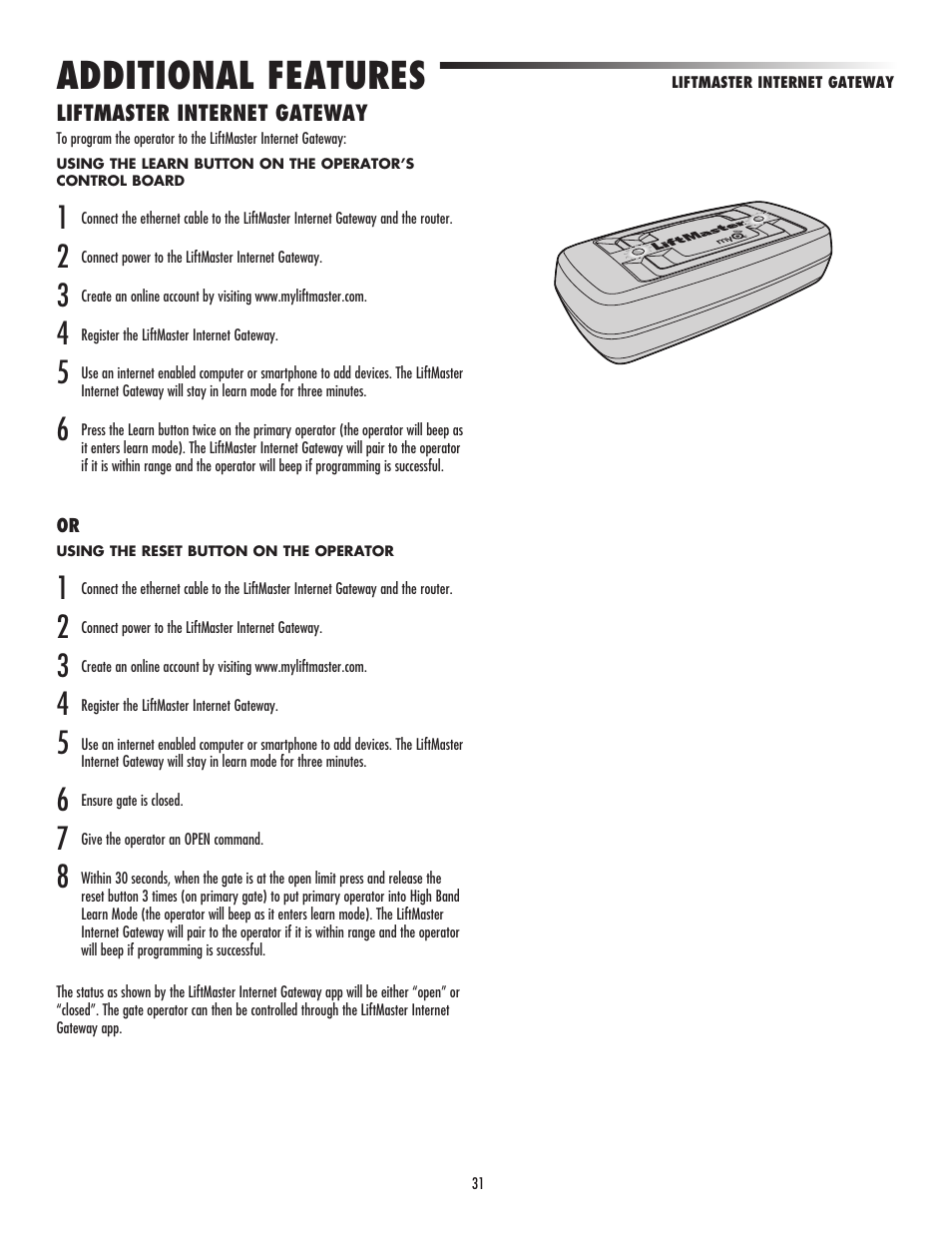 Additional features, Liftmaster internet gateway | LiftMaster LA500 Residential / Light Commercial Swing Gate Operator User Manual | Page 33 / 52