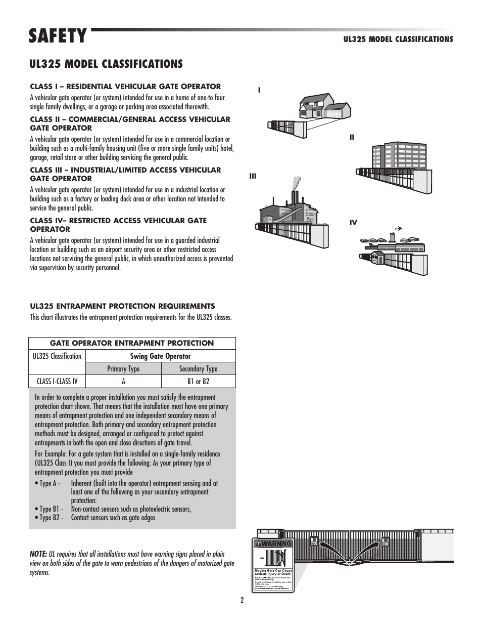 Ul325 model classifications, Safety | LiftMaster LA500 Residential / Light Commercial Swing Gate Operator User Manual | Page 4 / 52