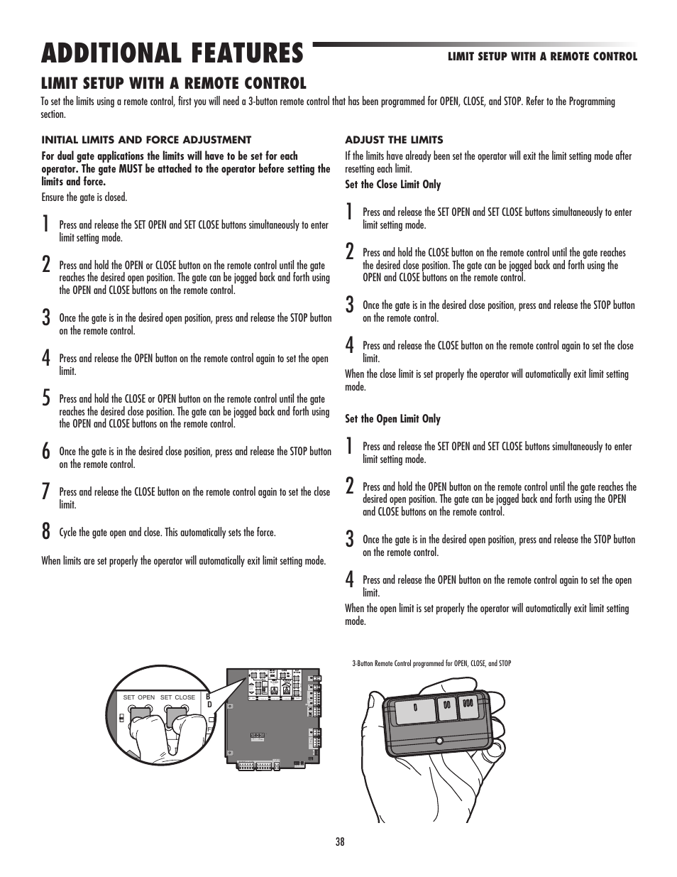 Limit setup with a remote control, Additional features | LiftMaster LA500 Residential / Light Commercial Swing Gate Operator User Manual | Page 40 / 52