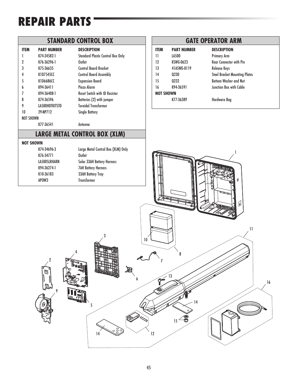 Repair parts, Standard control box, Gate operator arm | Large metal control box (xlm) | LiftMaster LA500 Residential / Light Commercial Swing Gate Operator User Manual | Page 47 / 52