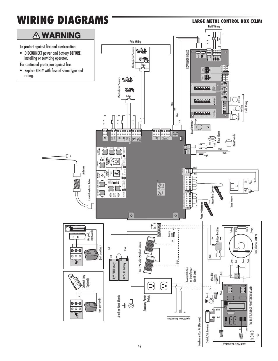Large metal control box (xlm), Wiring diagrams, Field wiring exp ansion board | Piezo alarm, Reset switch, Loop detector field wiring, Field wiring, Transformer 200 v a, Bridge rectifier wire nut, 12v 7ah batter y | LiftMaster LA500 Residential / Light Commercial Swing Gate Operator User Manual | Page 49 / 52
