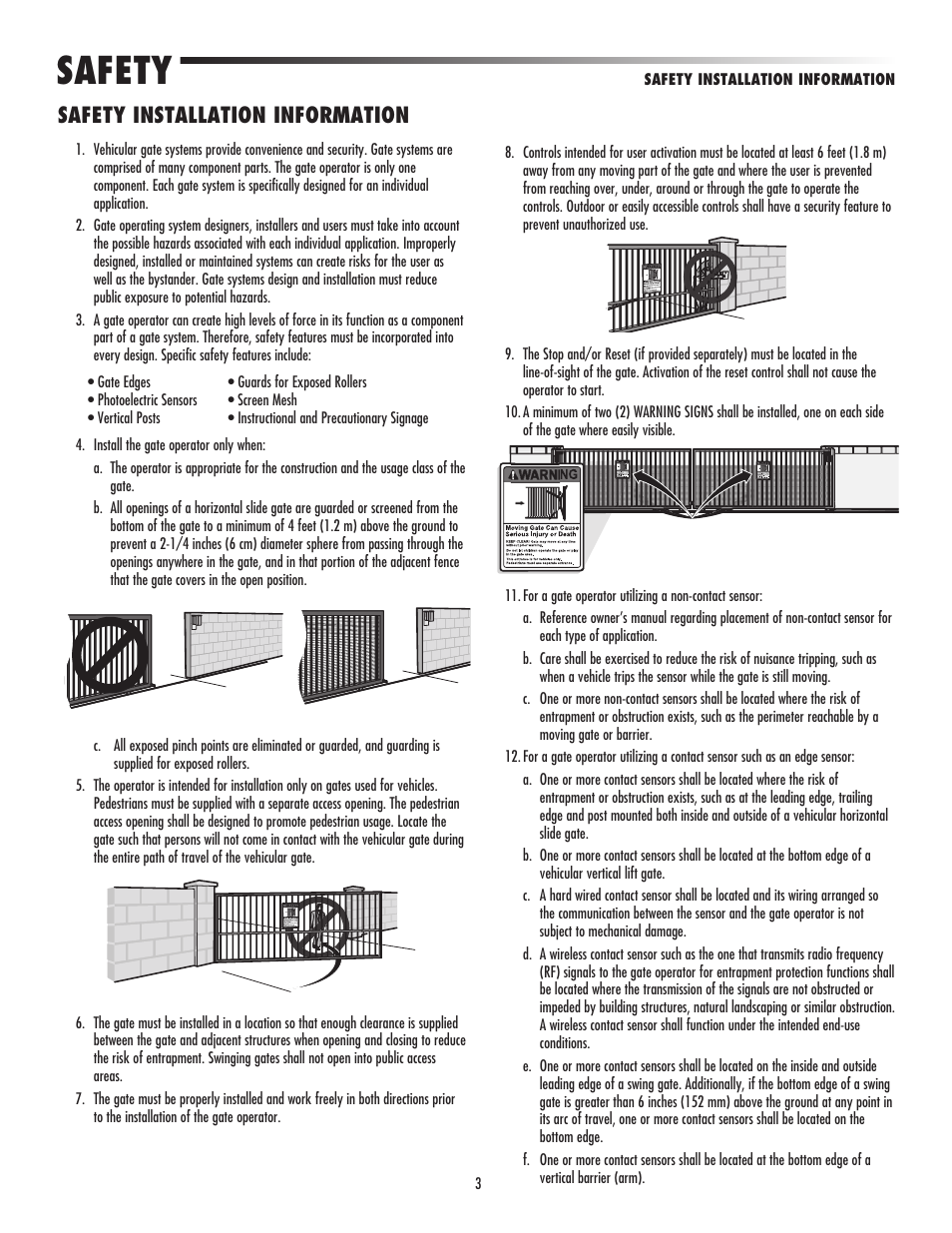 Safety installation information, Safety | LiftMaster LA500 Residential / Light Commercial Swing Gate Operator User Manual | Page 5 / 52