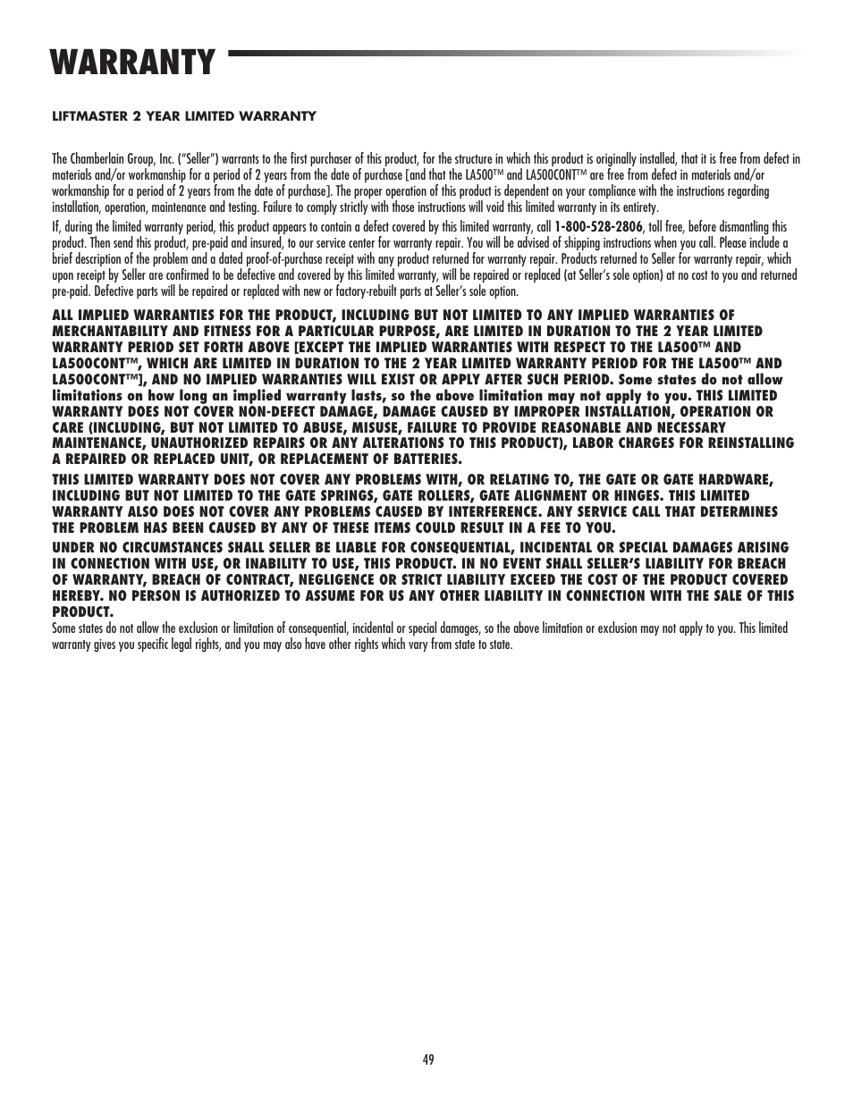 Warranty | LiftMaster LA500 Residential / Light Commercial Swing Gate Operator User Manual | Page 51 / 52