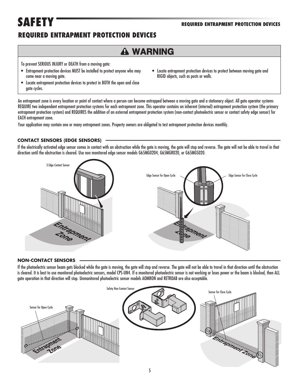 Required entrapment protection devices, Safety | LiftMaster LA500 Residential / Light Commercial Swing Gate Operator User Manual | Page 7 / 52