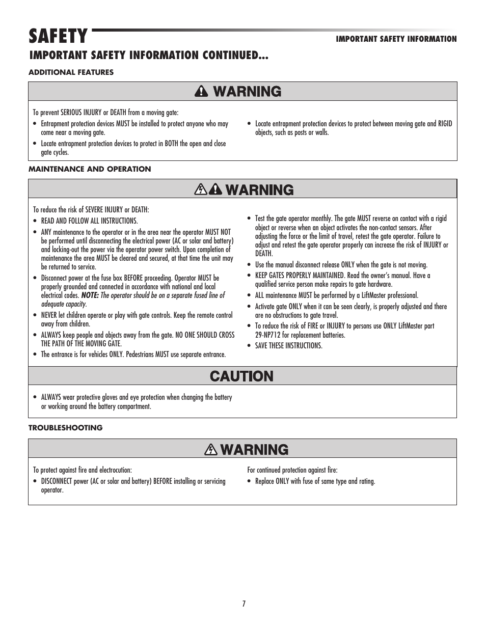 Safety, Important safety information continued | LiftMaster LA500 Residential / Light Commercial Swing Gate Operator User Manual | Page 9 / 52