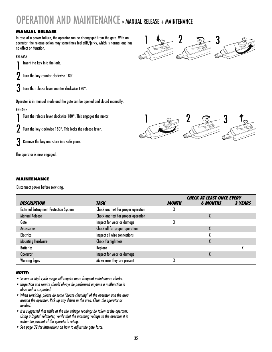 Manual release, Maintenance, Operation and maintenance | LiftMaster LA412 Solar Powered Residential Gate Operator User Manual | Page 36 / 44