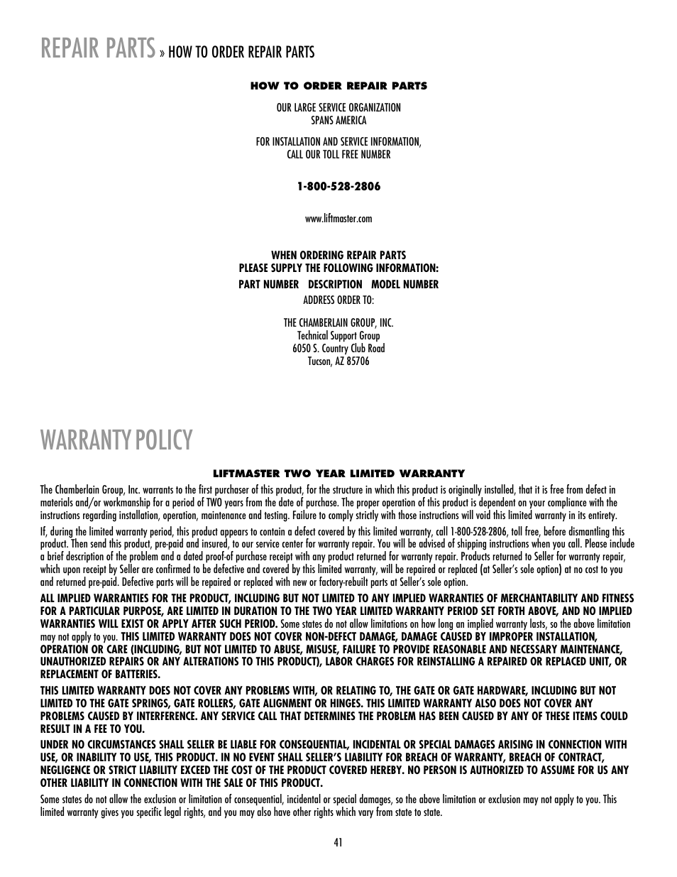 How to order repair parts, Warranty policy, Repair parts | Warranty, Policy | LiftMaster LA412 Solar Powered Residential Gate Operator User Manual | Page 42 / 44