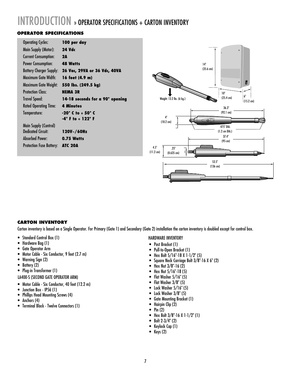 Introduction, Operator specifications, Carton inventory | Operator specifications + carton inventory | LiftMaster LA400 Residential DC Linear Gate Operator User Manual | Page 8 / 48
