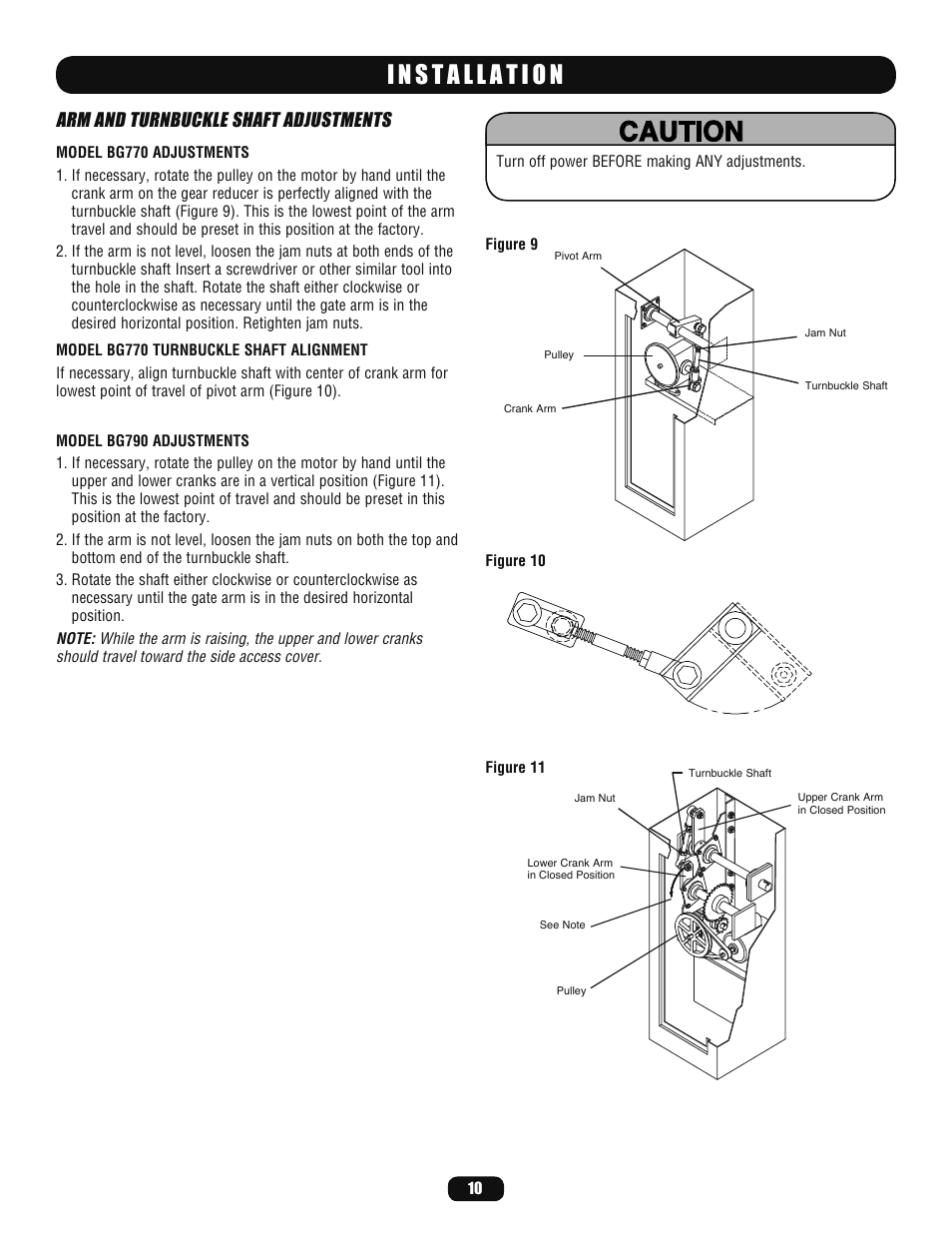 Arm and turnbuckle shaft adjustments, Caution | LiftMaster BG770 Industrial-Duty Single Arm Barrier Gate Operator User Manual | Page 10 / 24