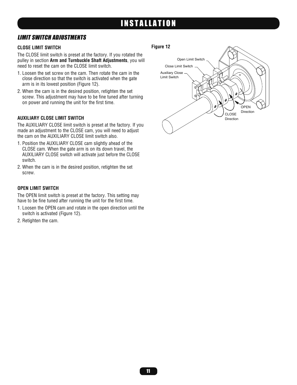 Limit switch adjustments | LiftMaster BG770 Industrial-Duty Single Arm Barrier Gate Operator User Manual | Page 11 / 24
