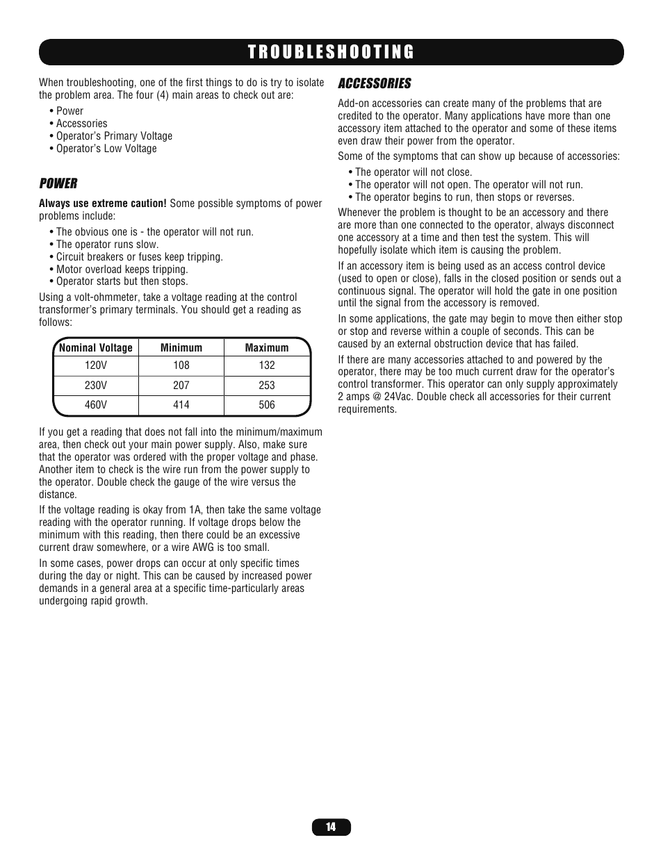 Troubleshooting, Power, Accessories | LiftMaster BG770 Industrial-Duty Single Arm Barrier Gate Operator User Manual | Page 14 / 24