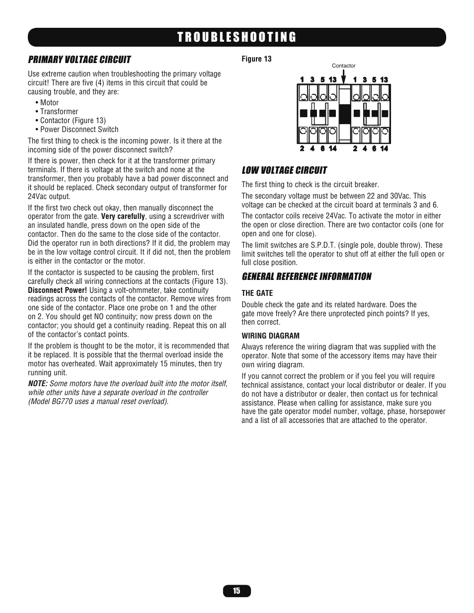 Primary voltage circuit, Low voltage circuit, General reference information | LiftMaster BG770 Industrial-Duty Single Arm Barrier Gate Operator User Manual | Page 15 / 24