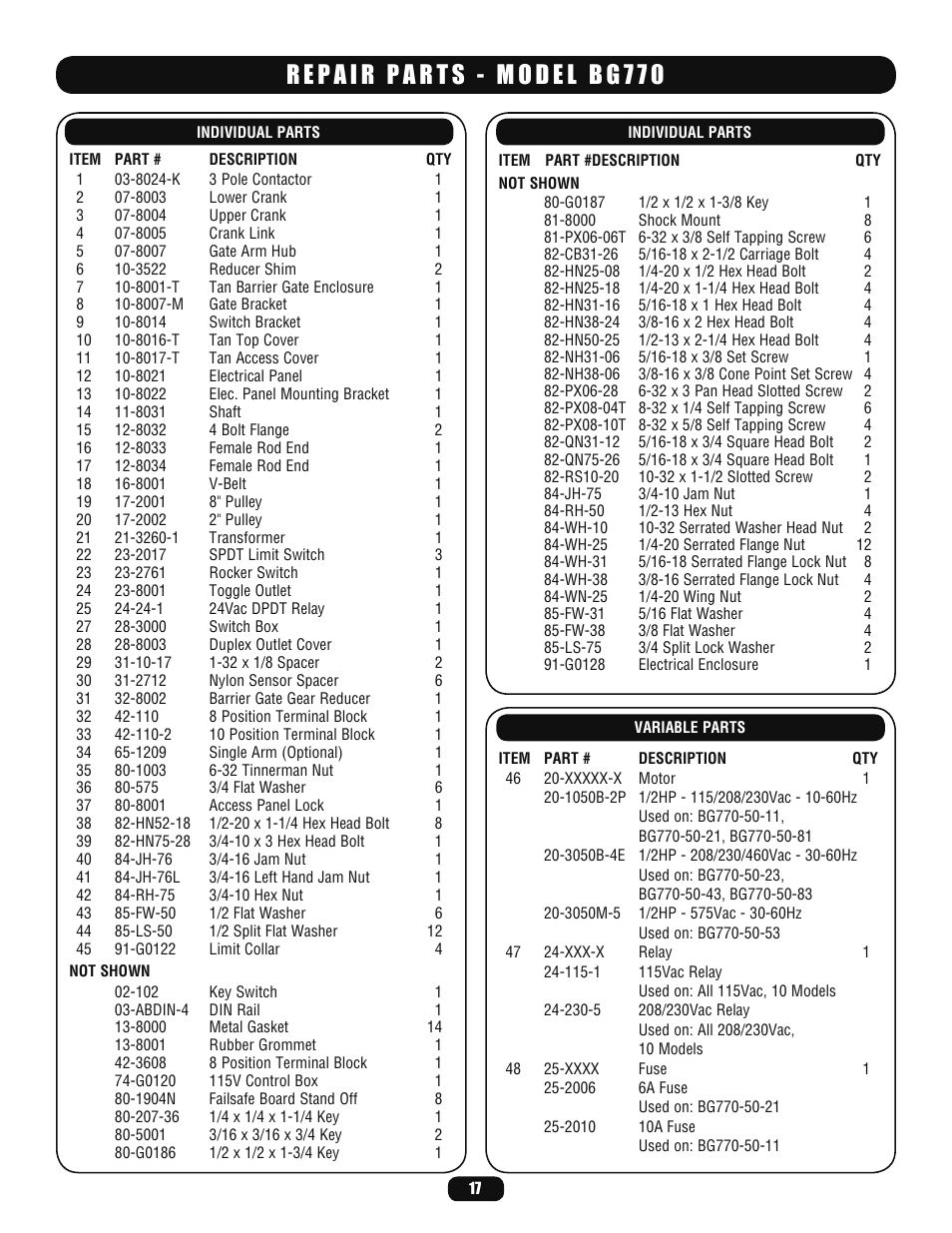 Repair parts - model bg770 | LiftMaster BG770 Industrial-Duty Single Arm Barrier Gate Operator User Manual | Page 17 / 24