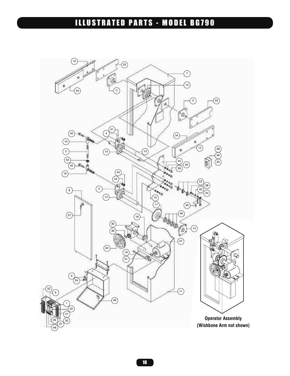 Illustrated parts - model bg790, Operator assembly (wishbone arm not shown) | LiftMaster BG770 Industrial-Duty Single Arm Barrier Gate Operator User Manual | Page 18 / 24
