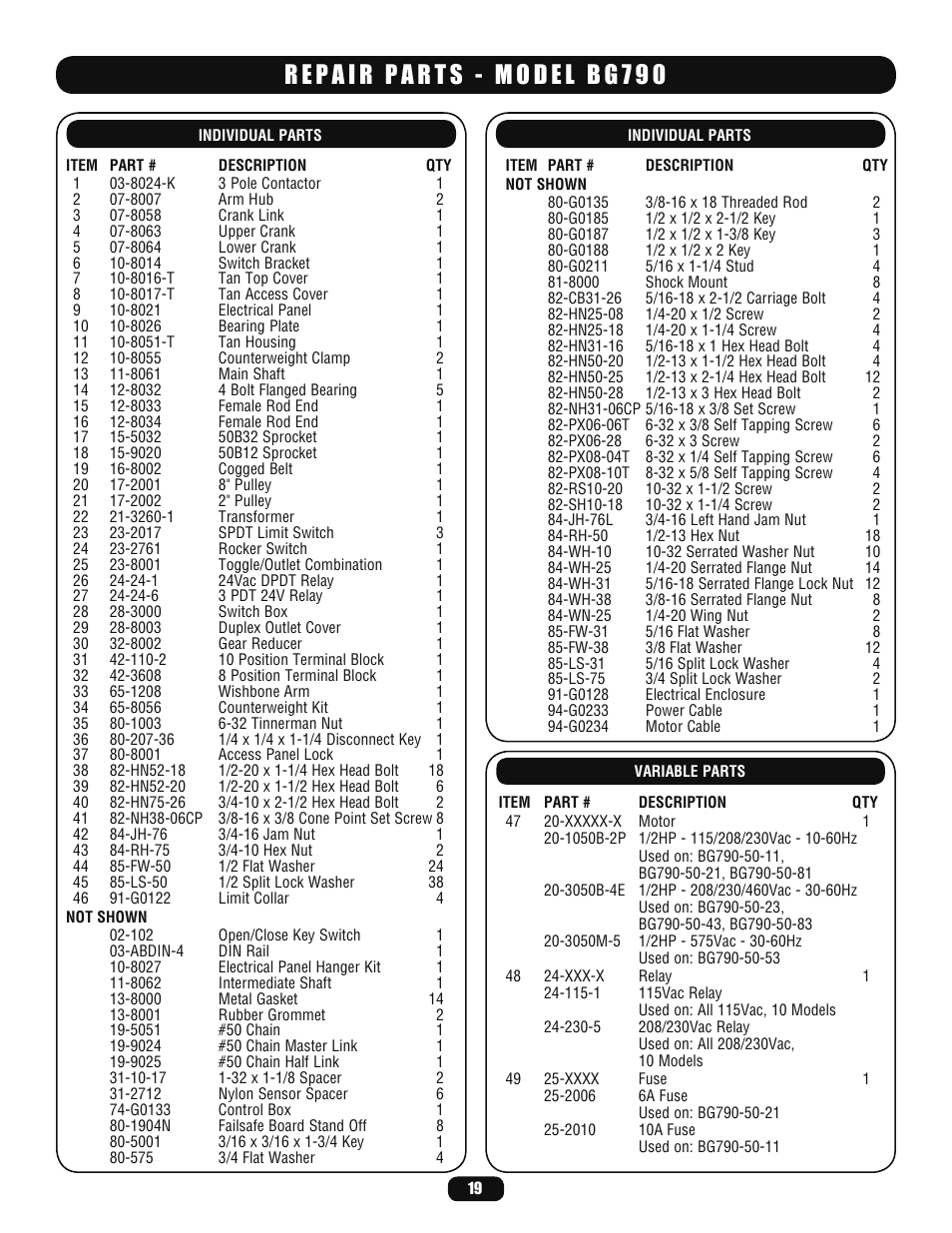 Repair parts - bg790 | LiftMaster BG770 Industrial-Duty Single Arm Barrier Gate Operator User Manual | Page 19 / 24