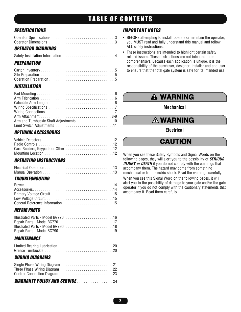 LiftMaster BG770 Industrial-Duty Single Arm Barrier Gate Operator User Manual | Page 2 / 24