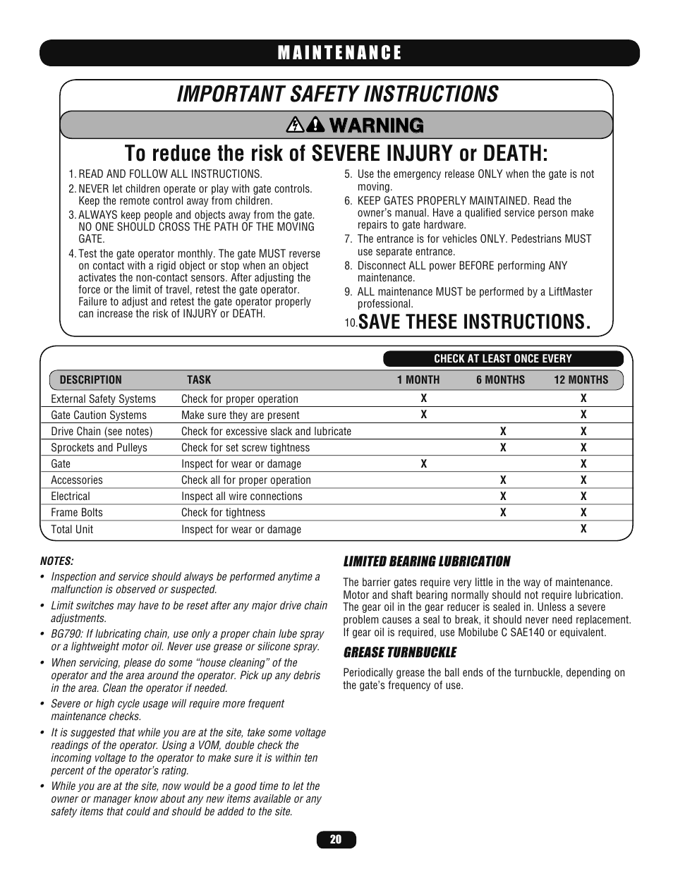 Maintenance, Warning, Save these instructions | LiftMaster BG770 Industrial-Duty Single Arm Barrier Gate Operator User Manual | Page 20 / 24