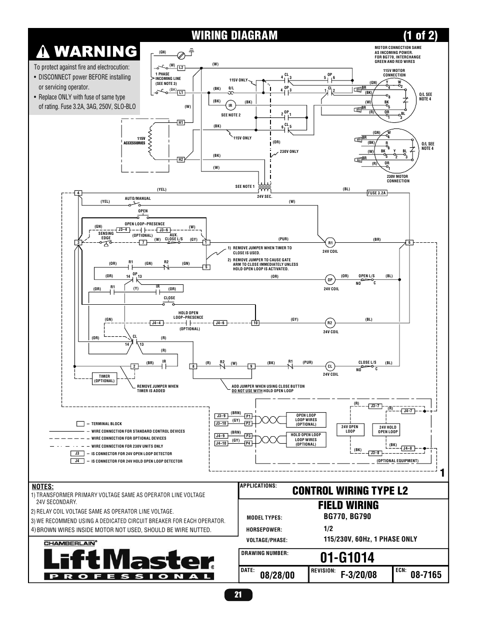 Wiring diagram, G1014, 1 of 2) | Control wiring type l2 field wiring | LiftMaster BG770 Industrial-Duty Single Arm Barrier Gate Operator User Manual | Page 21 / 24