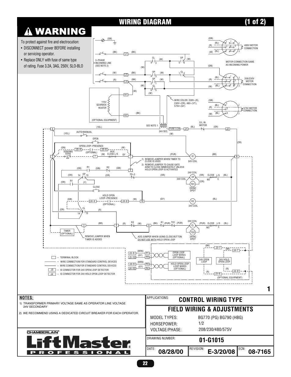 Wiring diagram, 1 of 2) | LiftMaster BG770 Industrial-Duty Single Arm Barrier Gate Operator User Manual | Page 22 / 24
