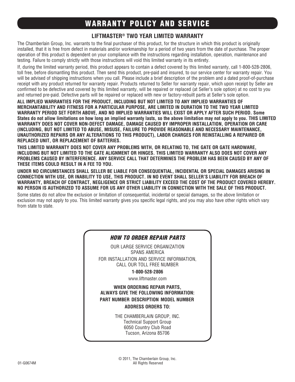 Warranty policy and service | LiftMaster BG770 Industrial-Duty Single Arm Barrier Gate Operator User Manual | Page 24 / 24