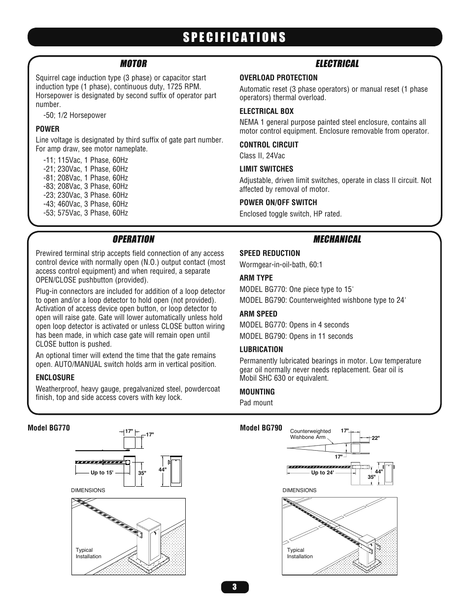 Specifications, Operation, Mechanical | Motor, Electrical | LiftMaster BG770 Industrial-Duty Single Arm Barrier Gate Operator User Manual | Page 3 / 24