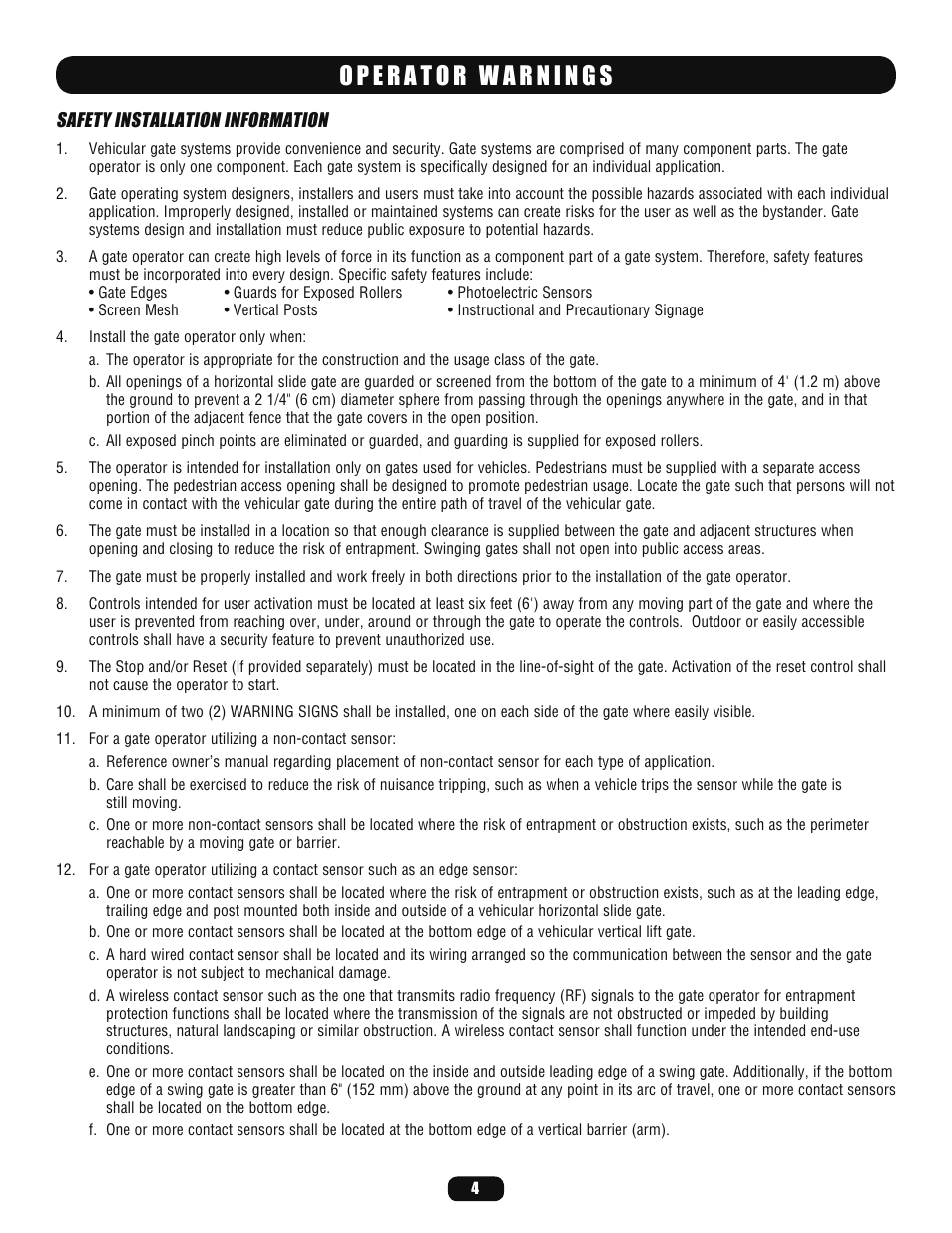 Operator warnings | LiftMaster BG770 Industrial-Duty Single Arm Barrier Gate Operator User Manual | Page 4 / 24