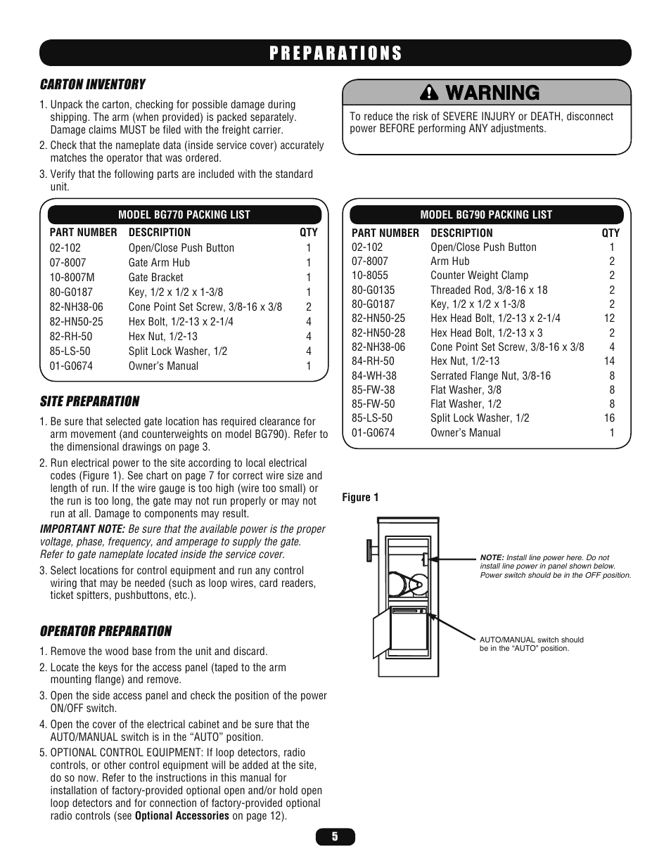 Preparations, Carton inventory, Site preparation | Operator preparation, Warning | LiftMaster BG770 Industrial-Duty Single Arm Barrier Gate Operator User Manual | Page 5 / 24