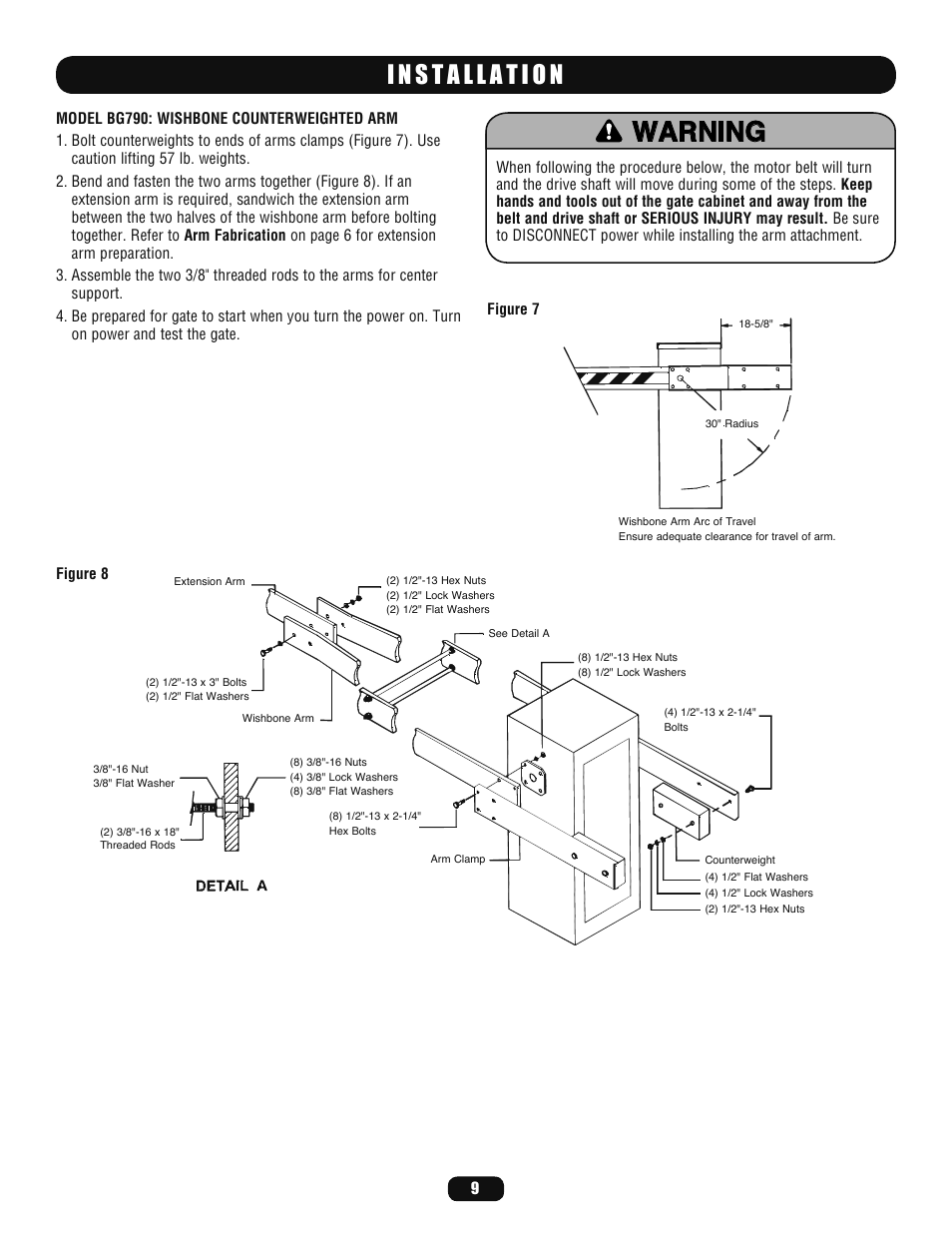 Model bg790: wishbone counterweighted arm, Warning | LiftMaster BG770 Industrial-Duty Single Arm Barrier Gate Operator User Manual | Page 9 / 24
