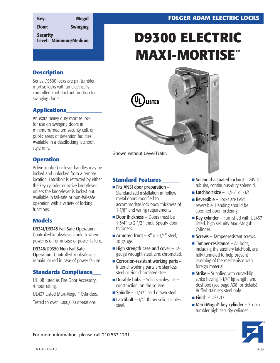 Southern Folger D9300 ELECTRIC MAXI-MORTISE User Manual | 6 pages