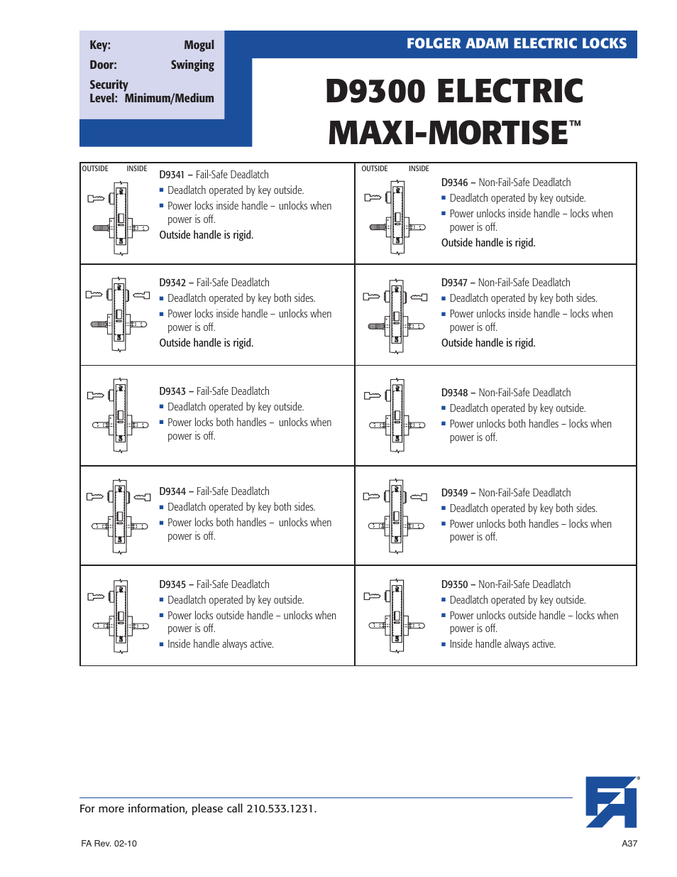 D9300 electric maxi-mortise, Folger adam electric locks | Southern Folger D9300 ELECTRIC MAXI-MORTISE User Manual | Page 3 / 6