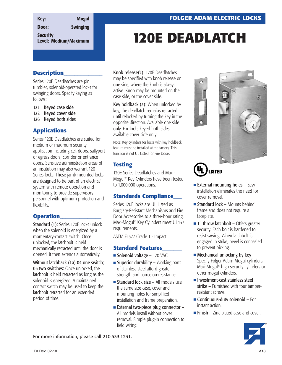 Southern Folger 120E DEADLATCH User Manual | 2 pages