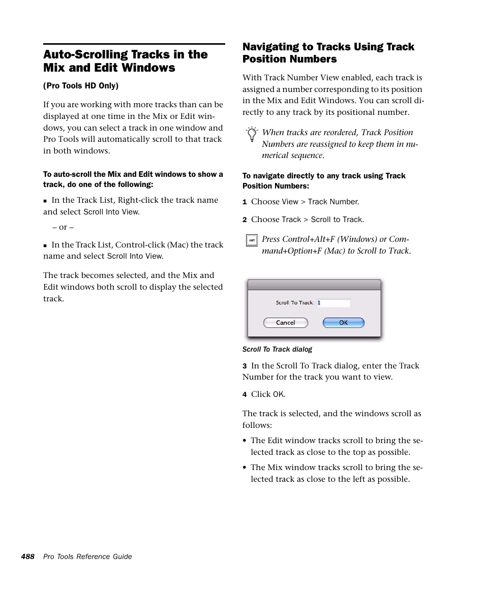 Auto-scrolling tracks in the mix and edit windows, Navigating to tracks using track position numbers | M-AUDIO Pro Tools Recording Studio User Manual | Page 506 / 1112