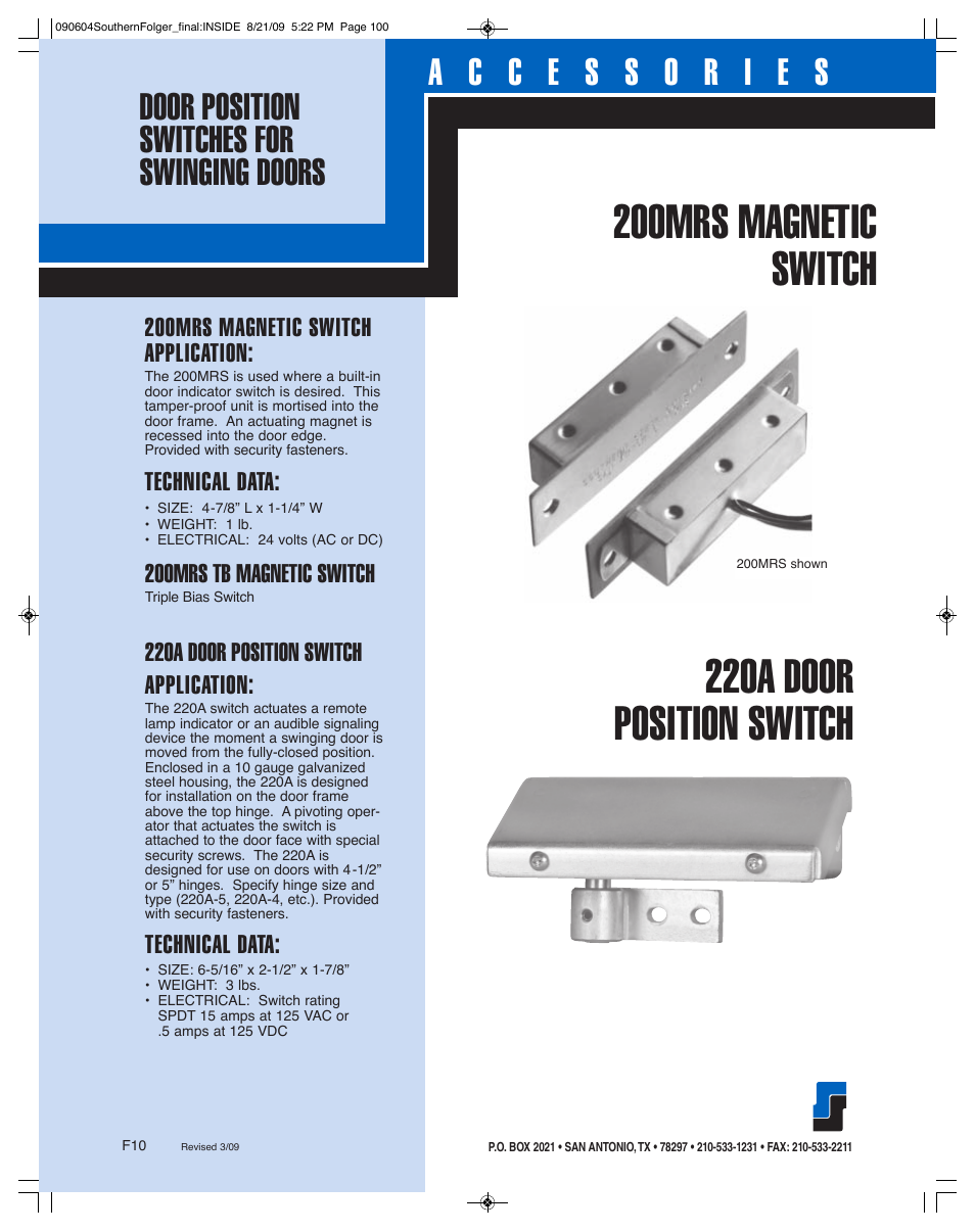 200mrs tb magnetic switch, 220a door position switch application, Technical data | 200mrs magnetic switch application | Southern Folger LOCK MOUNTINGS User Manual | Page 10 / 17