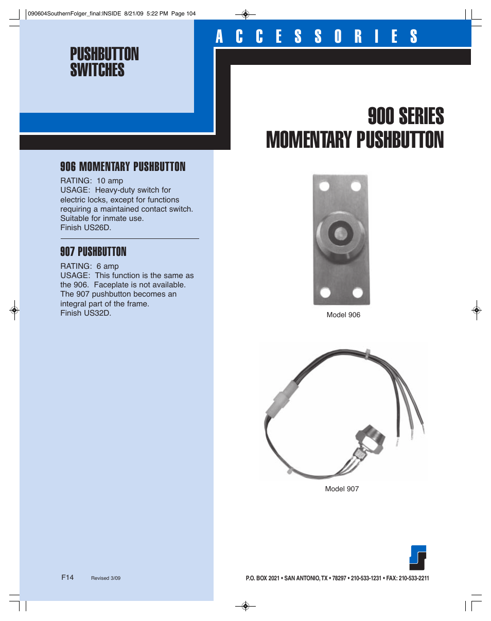 900 series momentary pushbutton, 906 momentary pushbutton, 907 pushbutton | Southern Folger LOCK MOUNTINGS User Manual | Page 14 / 17