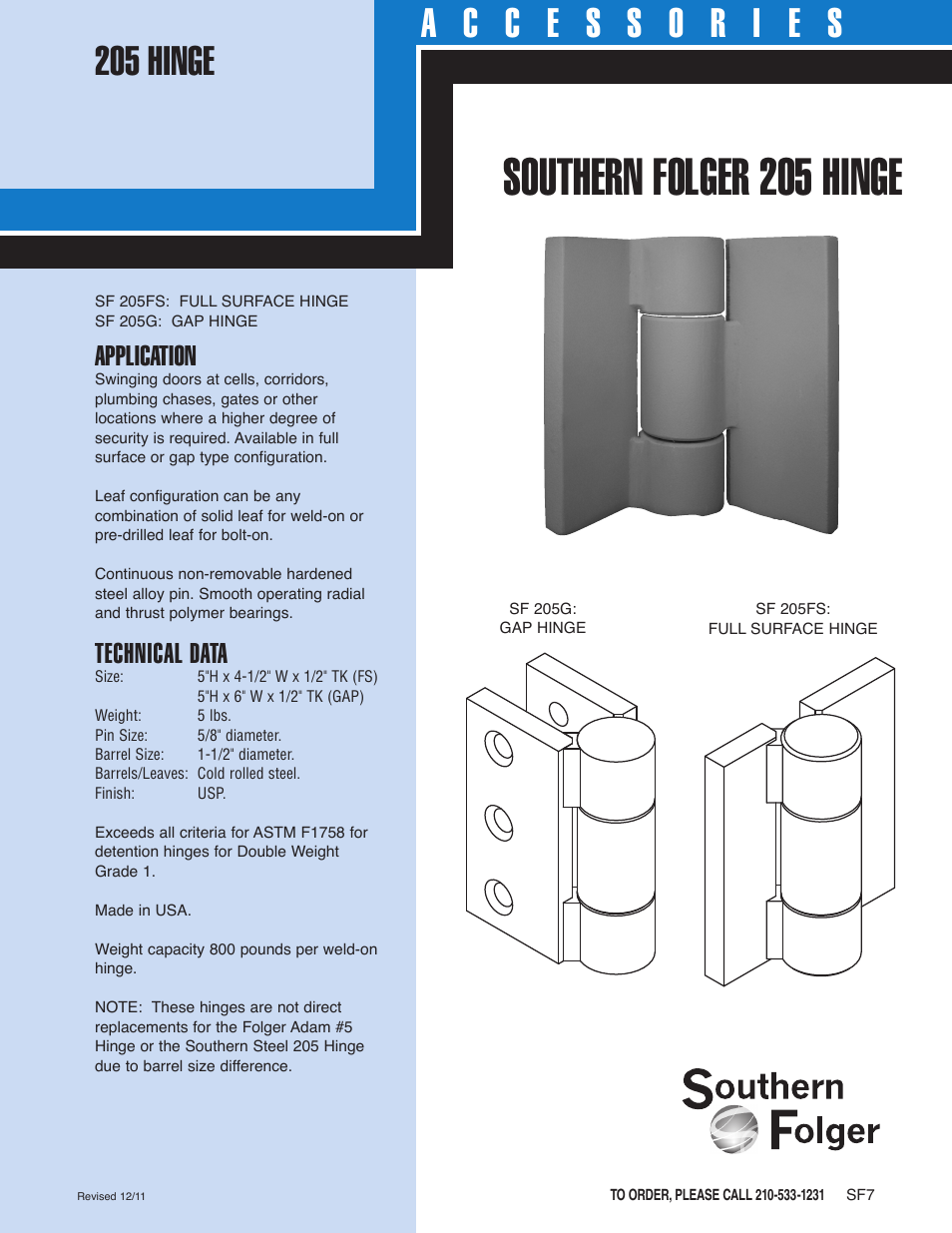 Southern folger 205 hinge, Application, Technical data | Southern Folger LOCK MOUNTINGS User Manual | Page 5 / 17