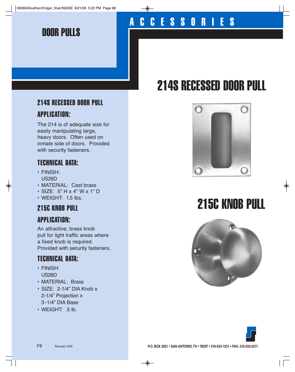 214s recessed door pull application, Technical data, 215c knob pull application | Southern Folger LOCK MOUNTINGS User Manual | Page 8 / 17