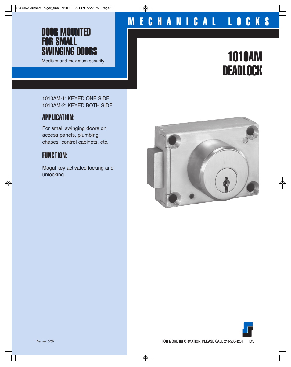 Southern Folger 1010AM DEADLOCK User Manual | 2 pages