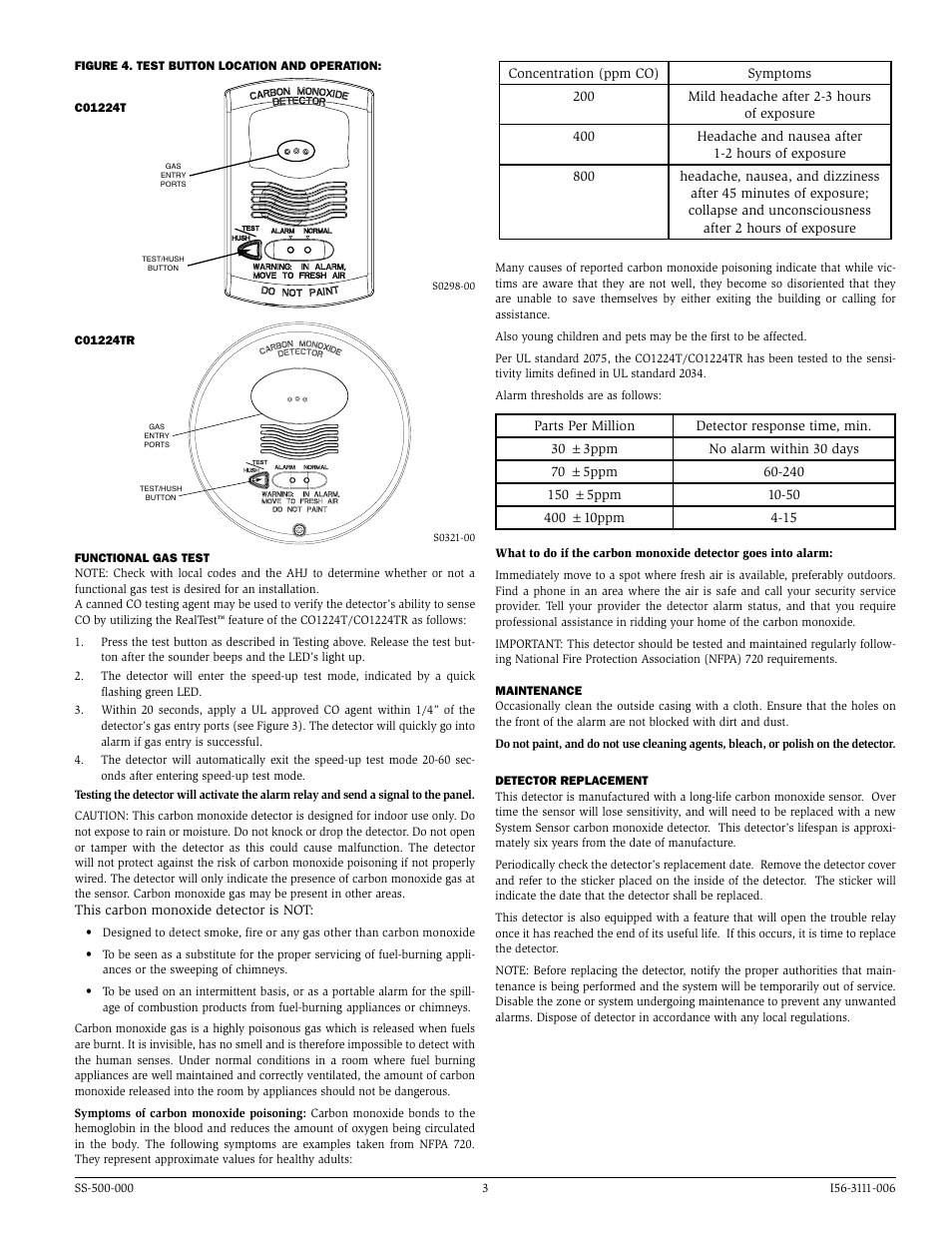 System Sensor CO1224T and CO1224TR User Manual | Page 3 / 4