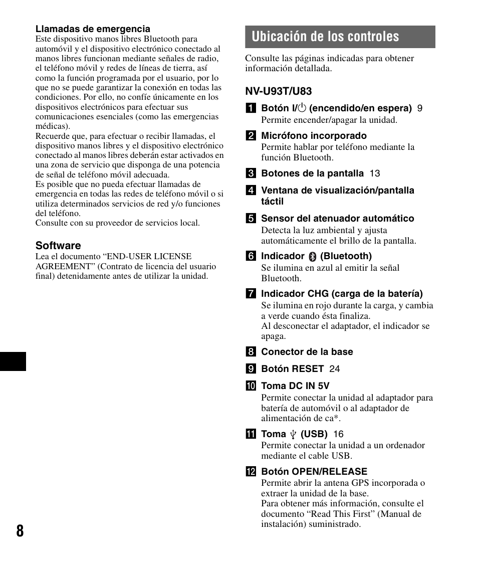 Ubicación de los controles | Sony NV-U83 User Manual | Page 126 / 194
