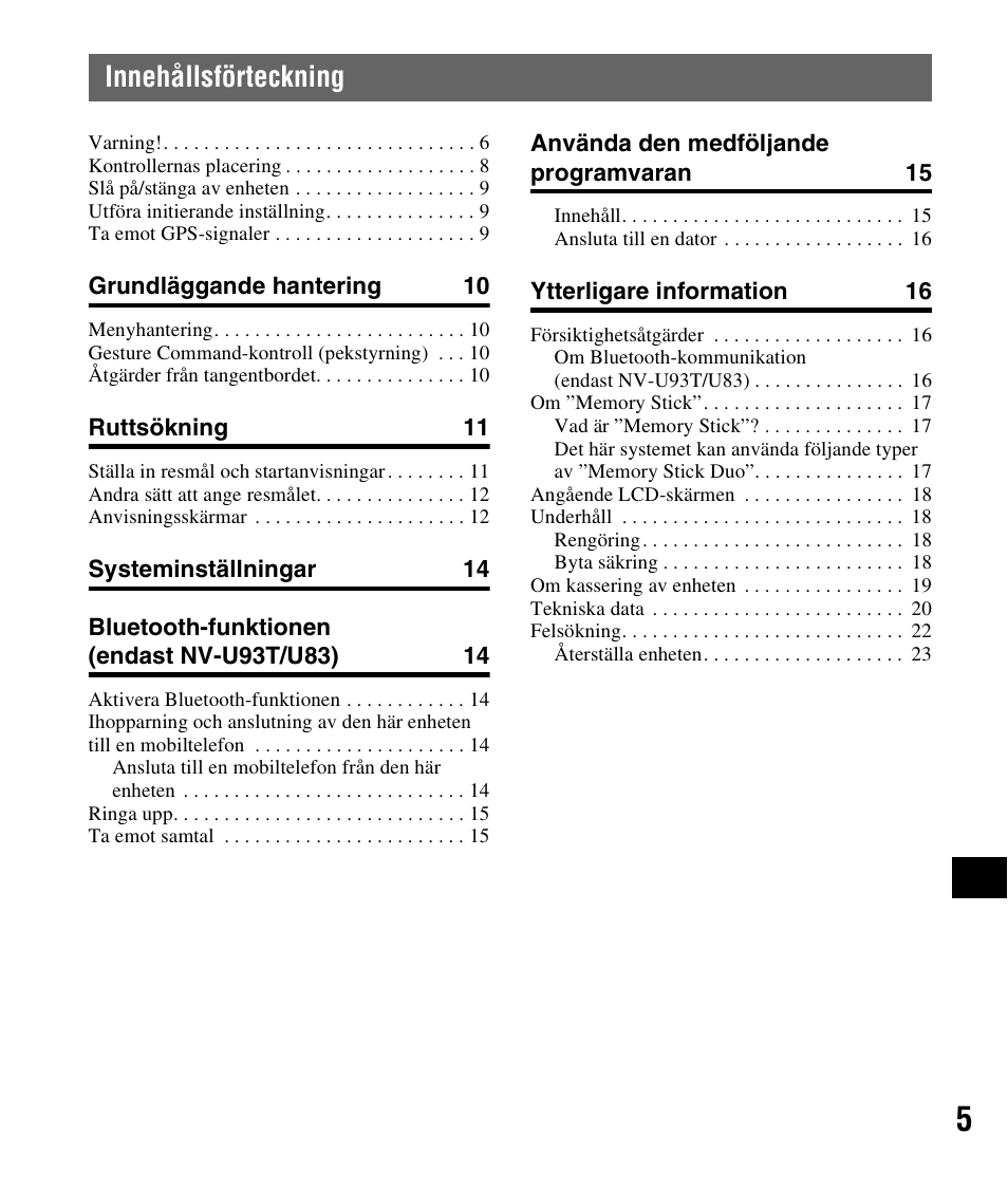 Innehållsförteckning | Sony NV-U83 User Manual | Page 147 / 194