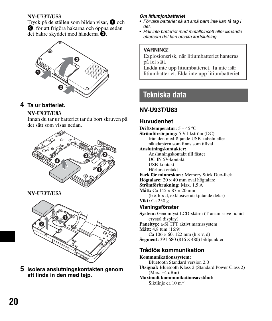 Tekniska data | Sony NV-U83 User Manual | Page 162 / 194