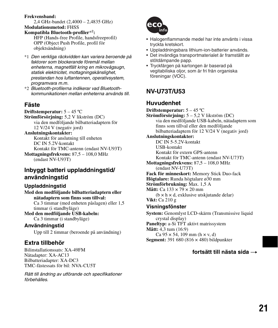 Nv-u73t/u53, Fäste, Inbyggt batteri uppladdningstid/ användningstid | Extra tillbehör, Huvudenhet | Sony NV-U83 User Manual | Page 163 / 194