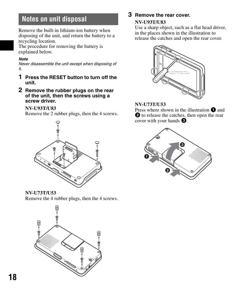 Notes on unit disposal | Sony NV-U83 User Manual | Page 18 / 194