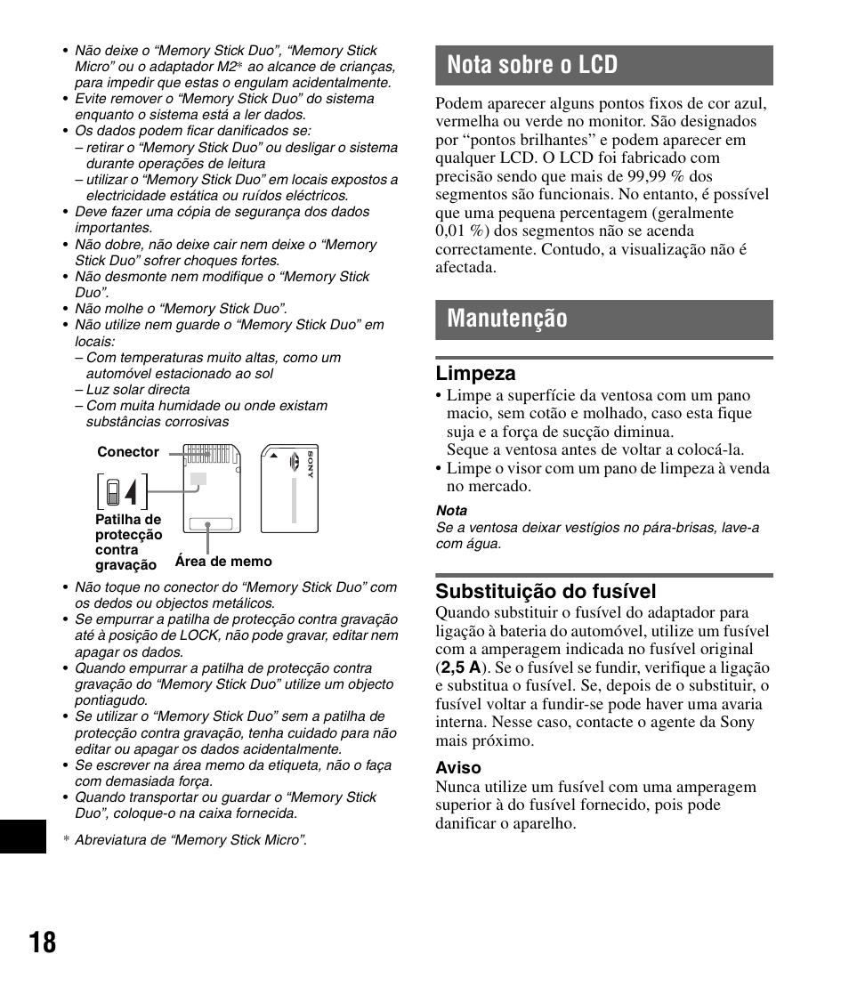 Nota sobre o lcd, Manutenção, Limpeza | Substituição do fusível, Nota sobre o lcd manutenção, Limpeza substituição do fusível | Sony NV-U83 User Manual | Page 182 / 194