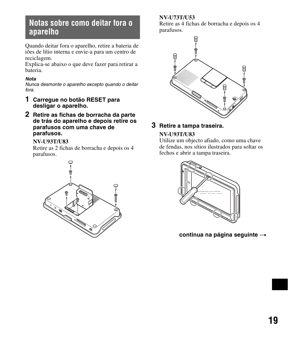 Notas sobre como deitar fora o aparelho | Sony NV-U83 User Manual | Page 183 / 194
