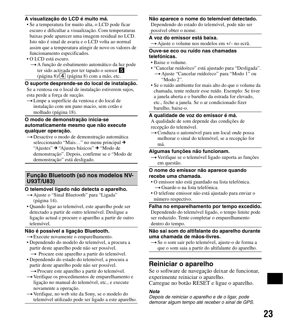 Reiniciar o aparelho, T 23 | Sony NV-U83 User Manual | Page 187 / 194