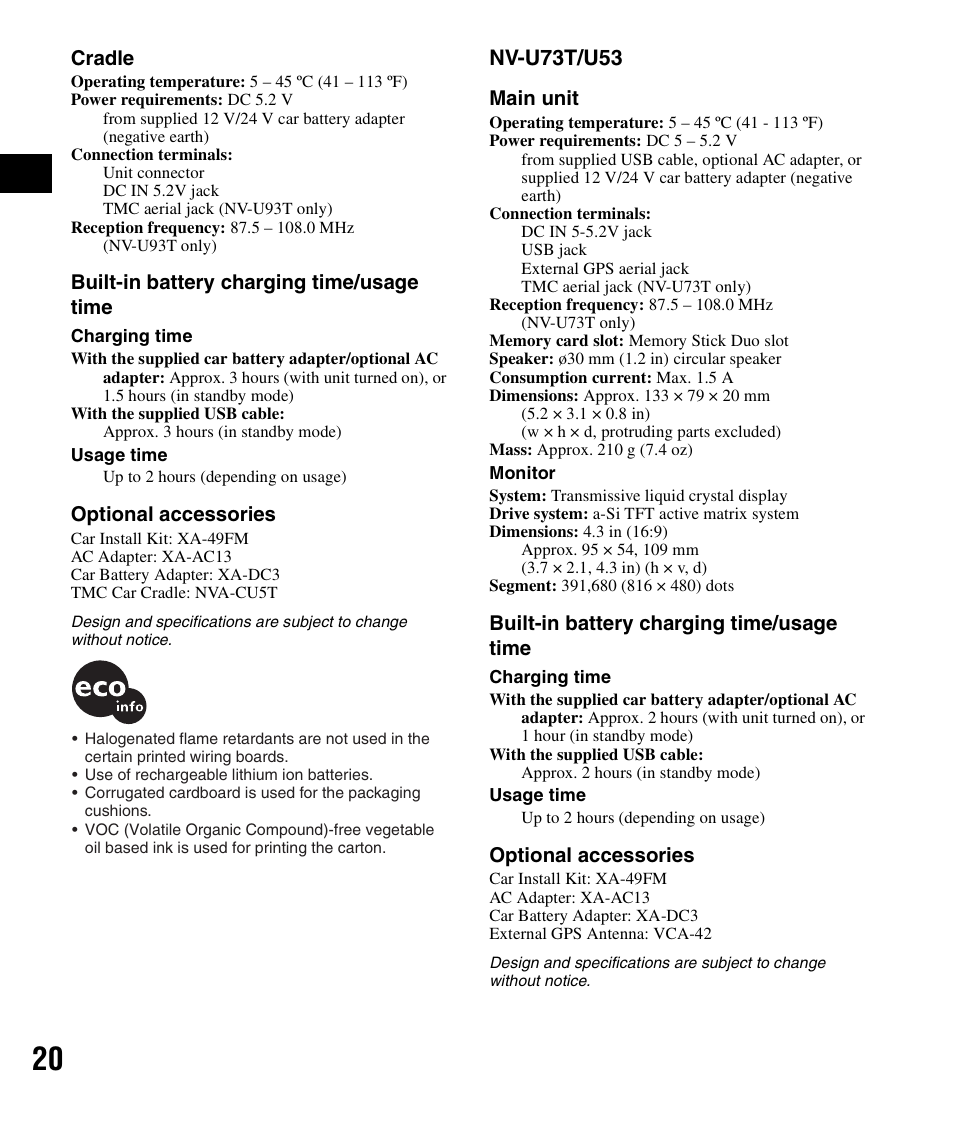 Nv-u73t/u53 | Sony NV-U83 User Manual | Page 20 / 194