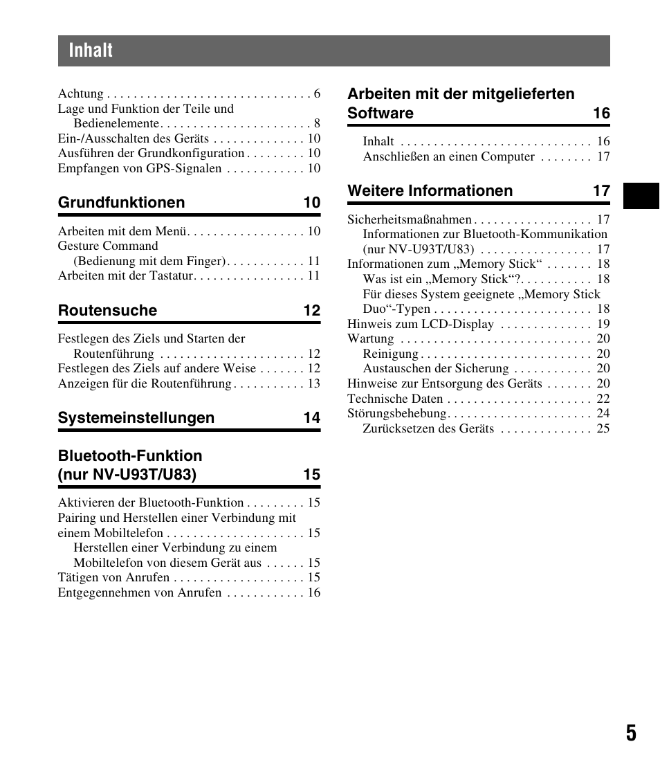 Inhalt | Sony NV-U83 User Manual | Page 27 / 194