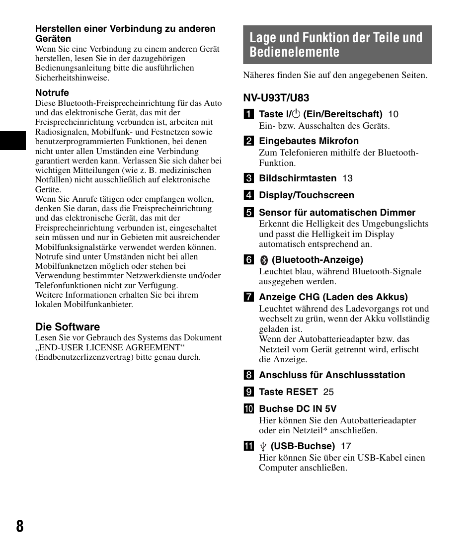 Lage und funktion der teile und bedienelemente, Lage und funktion der teile und, Bedienelemente | Sony NV-U83 User Manual | Page 30 / 194