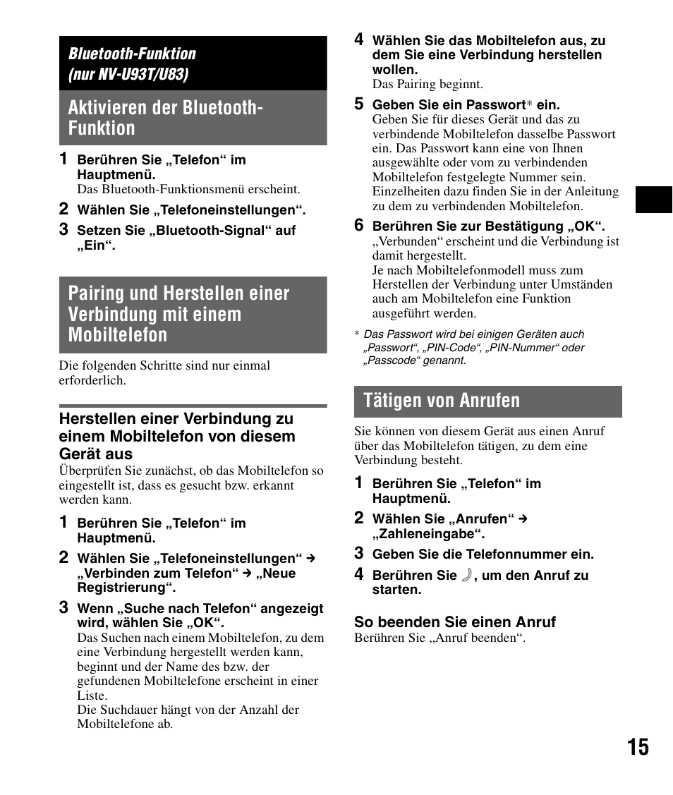 Bluetooth-funktion (nur nv-u93t/u83), Aktivieren der bluetooth- funktion, Tätigen von anrufen | Sony NV-U83 User Manual | Page 37 / 194
